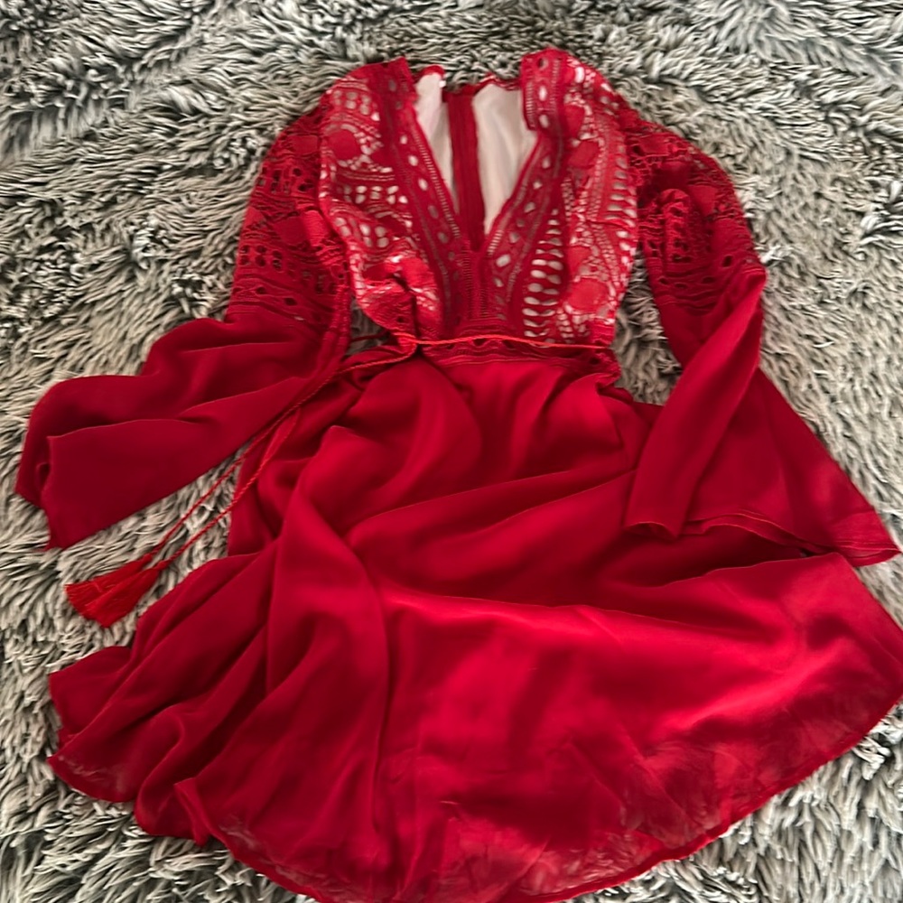 Red crochet and sheer red dress with tassel tie